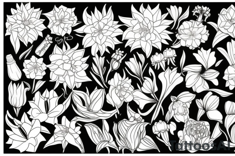 cornflower, rose, dahlia, Trailing arbutus, California poppy, daffodil, lily of the valley, honeysuckle, narcissus tattoo idea