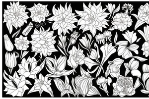 cornflower, rose, dahlia, Trailing arbutus, California poppy, daffodil, lily of the valley, honeysuckle, narcissus tattoo idea