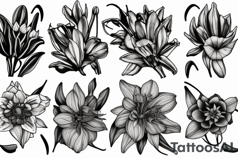 flower collage of cornflower, rose, dahlia, Trailing arbutus, California poppy, daffodil, lily of the valley, honeysuckle, narcissus tattoo idea