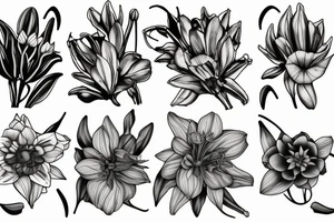flower collage of cornflower, rose, dahlia, Trailing arbutus, California poppy, daffodil, lily of the valley, honeysuckle, narcissus tattoo idea
