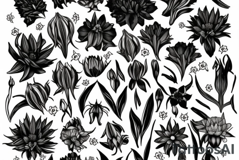 flower collage of cornflower, rose, dahlia, Trailing arbutus, California poppy, daffodil, lily of the valley, honeysuckle, narcissus tattoo idea