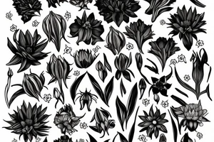 flower collage of cornflower, rose, dahlia, Trailing arbutus, California poppy, daffodil, lily of the valley, honeysuckle, narcissus tattoo idea