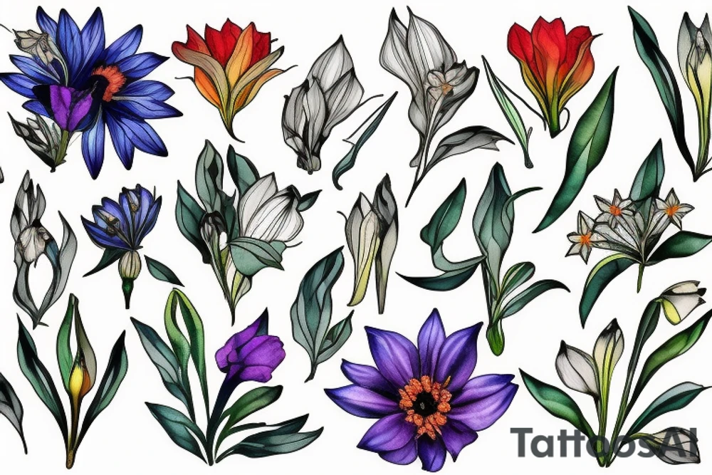 flower collage of cornflower, rose, dahlia, Trailing arbutus, California poppy, daffodil, lily of the valley, honeysuckle, narcissus tattoo idea