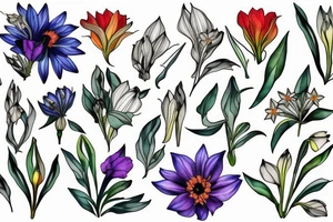 flower collage of cornflower, rose, dahlia, Trailing arbutus, California poppy, daffodil, lily of the valley, honeysuckle, narcissus tattoo idea