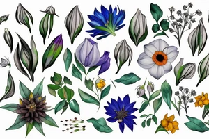 flower collage of cornflower, rose, dahlia, Trailing arbutus, California poppy, daffodil, lily of the valley, honeysuckle, narcissus tattoo idea