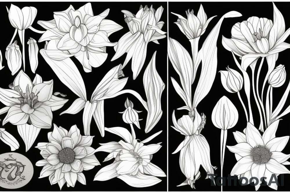 flower collage of cornflower, rose, dahlia, Trailing arbutus, California poppy, daffodil, lily of the valley, honeysuckle, narcissus tattoo idea