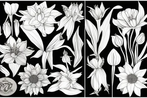 flower collage of cornflower, rose, dahlia, Trailing arbutus, California poppy, daffodil, lily of the valley, honeysuckle, narcissus tattoo idea