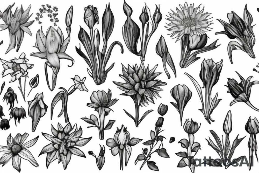 flower collage of cornflower, rose, dahlia, Trailing arbutus, California poppy, daffodil, lily of the valley, honeysuckle, narcissus tattoo idea