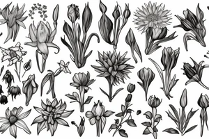 flower collage of cornflower, rose, dahlia, Trailing arbutus, California poppy, daffodil, lily of the valley, honeysuckle, narcissus tattoo idea