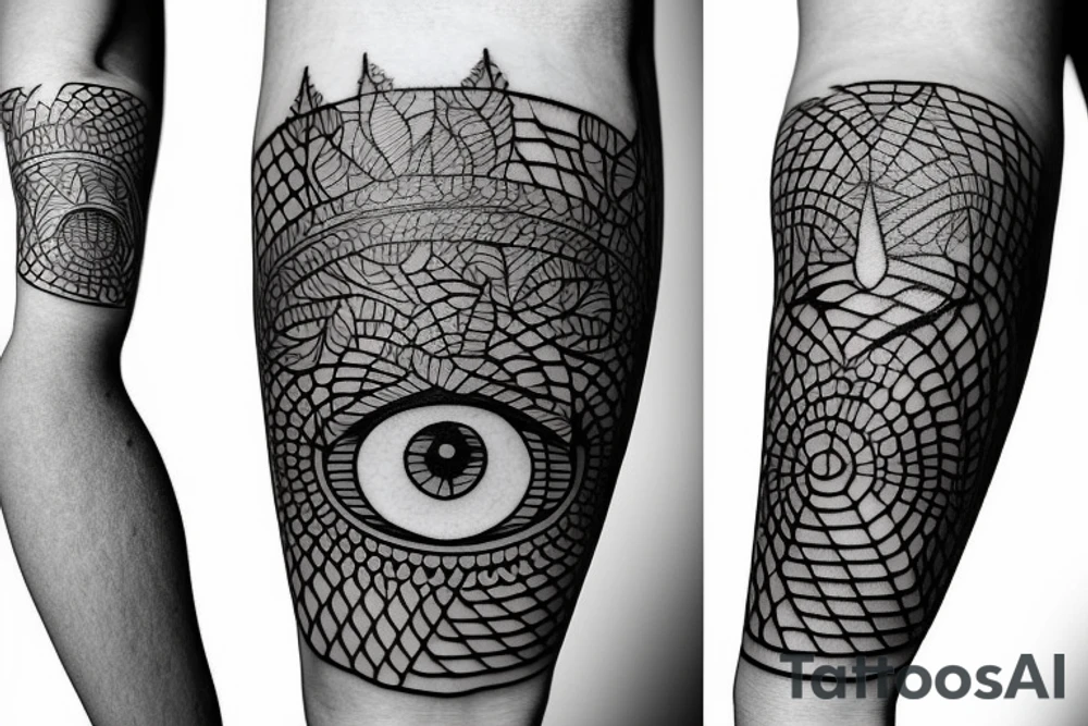 Fine line tattoos with moon and shiva and leaves and eye tattoo idea