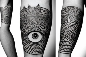 Fine line tattoos with moon and shiva and leaves and eye tattoo idea