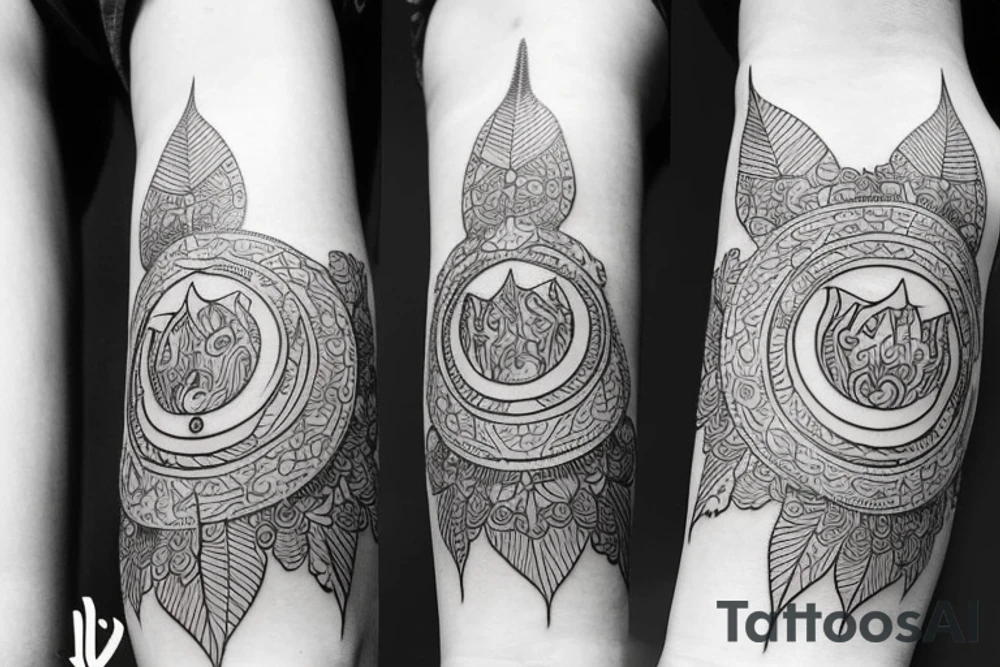 Fine line tattoos with moon and shiva and leaves and eye tattoo idea