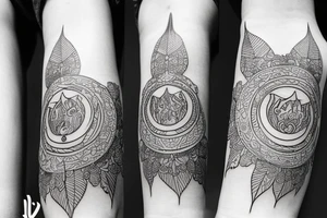 Fine line tattoos with moon and shiva and leaves and eye tattoo idea
