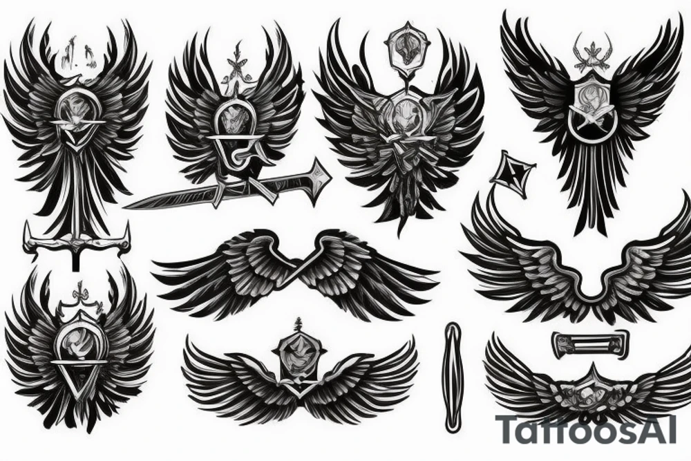 Angel wings with sword in the middle tattoo idea
