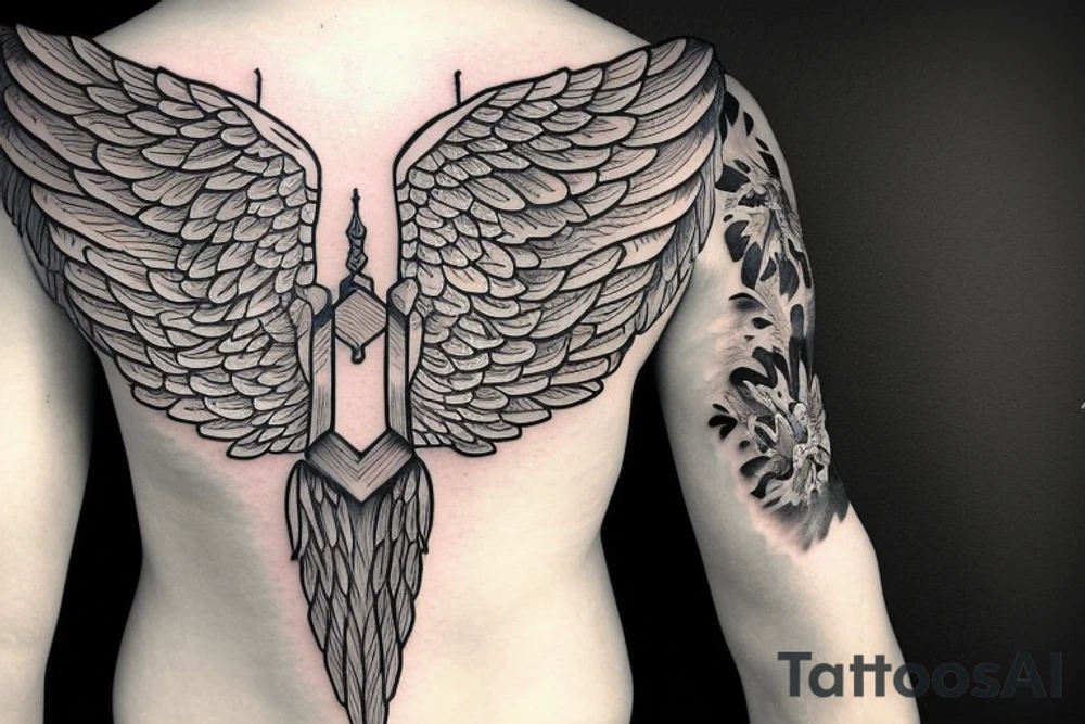 Angel wings with sword in the middle tattoo idea