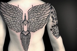 Angel wings with sword in the middle tattoo idea
