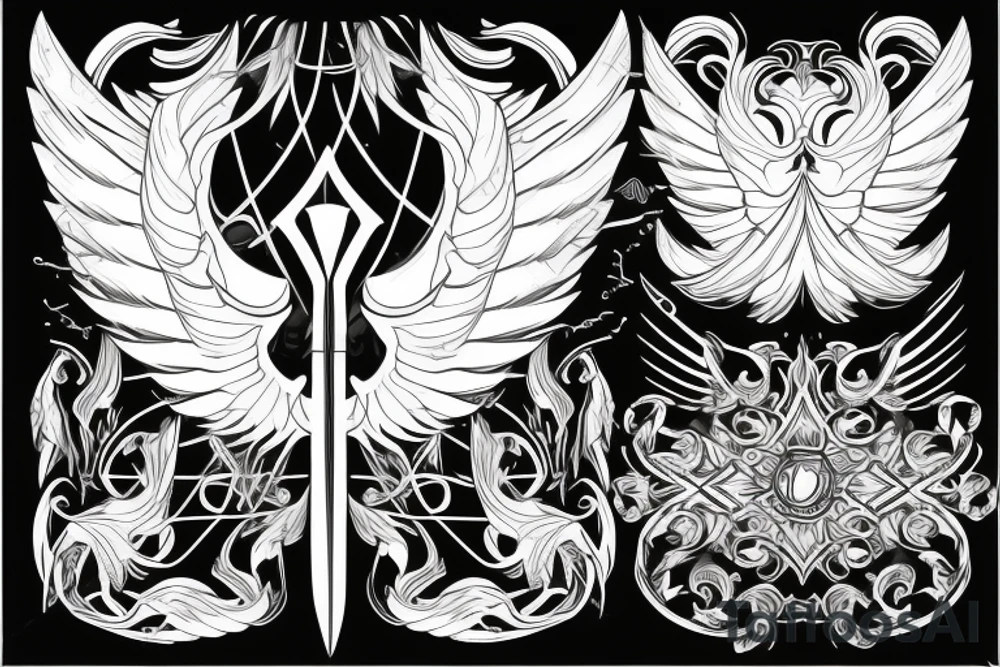 Angel wings with sword in the middle tattoo idea