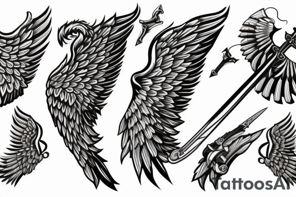Angel wings with sword in the middle tattoo idea