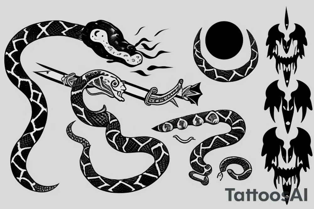 A dagger with a snake and featuring the moon tattoo idea