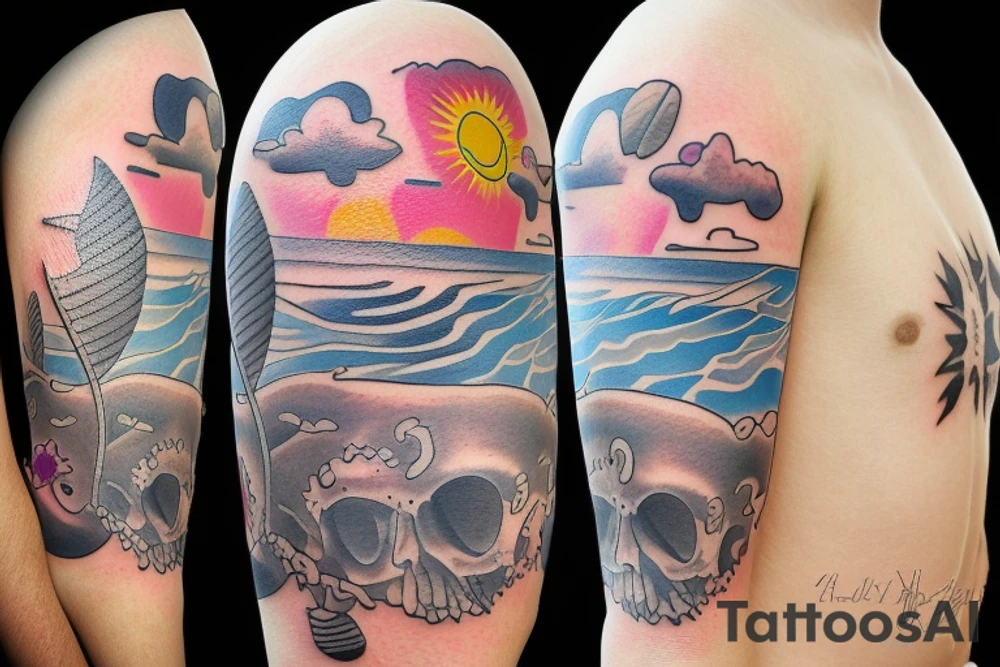 A beach live tattoo with sun down tattoo idea