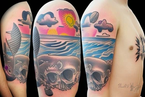 A beach live tattoo with sun down tattoo idea