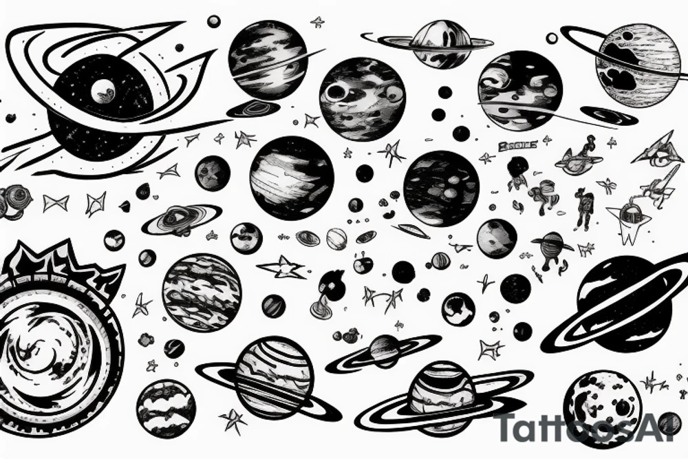 a space station in space surrounded by planets and moons tattoo idea