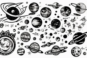 a space station in space surrounded by planets and moons tattoo idea