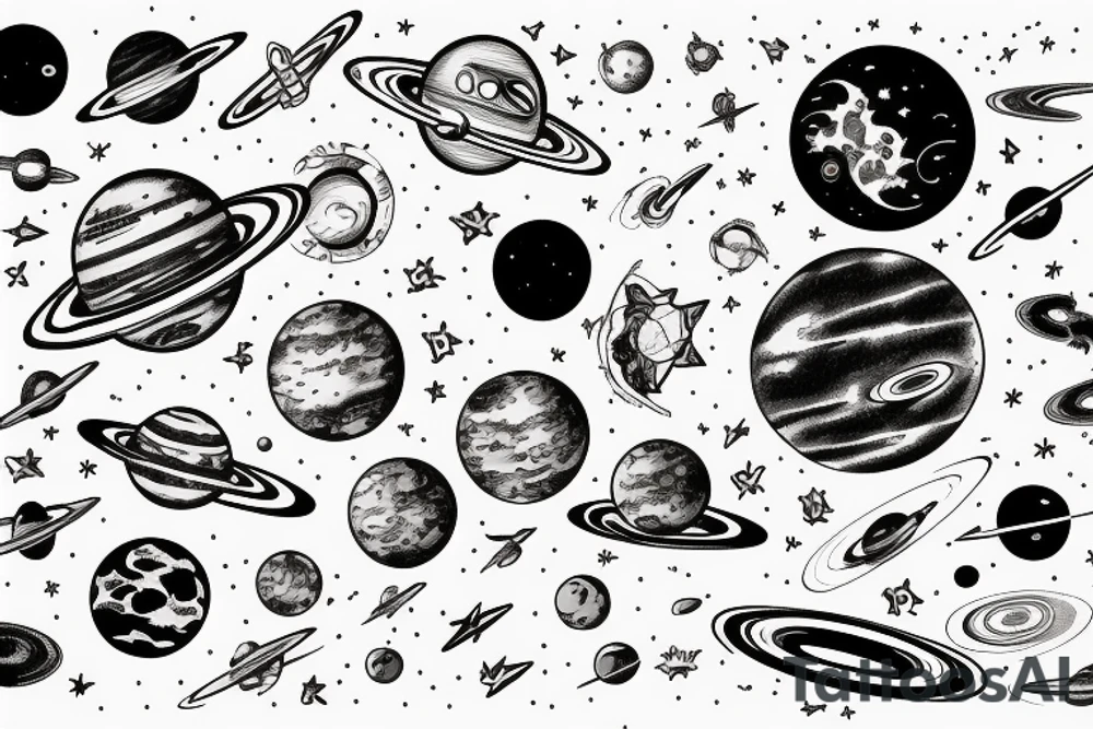 a space station in space surrounded by planets and moons tattoo idea