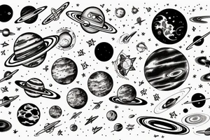 a space station in space surrounded by planets and moons tattoo idea