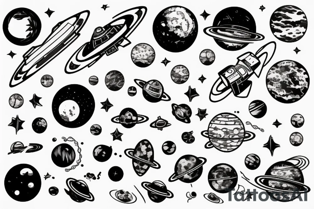 a space station in space surrounded by planets and moons tattoo idea