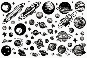 a space station in space surrounded by planets and moons tattoo idea