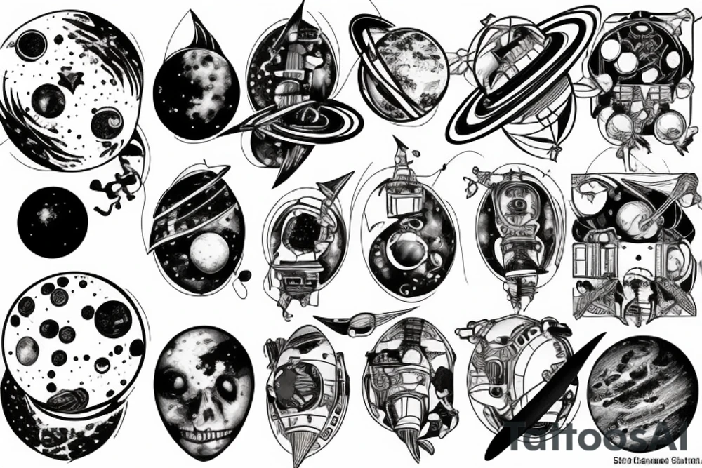 a space station in space surrounded by planets and moons tattoo idea