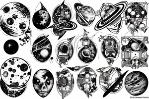 a space station in space surrounded by planets and moons tattoo idea