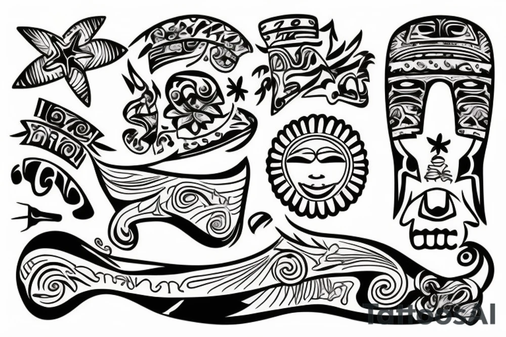 A full colored beach live tattoo with sun down in taino style tattoo idea