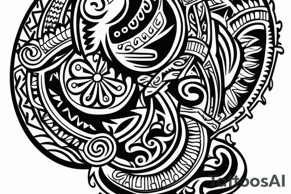 A full colored beach live tattoo with sun down in taino style tattoo idea