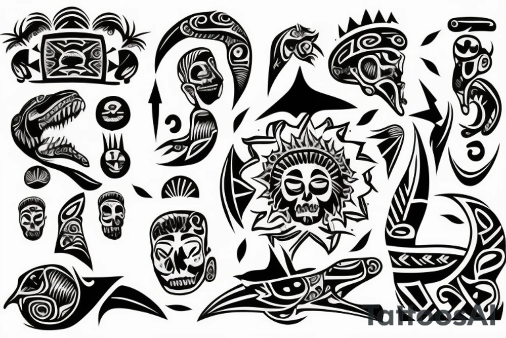 A full colored beach live tattoo with sun down in taino style tattoo idea