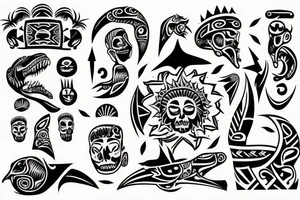 A full colored beach live tattoo with sun down in taino style tattoo idea