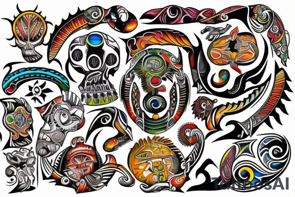 A full colored beach live tattoo with sun down in taino style tattoo idea