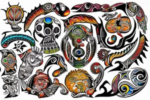 A full colored beach live tattoo with sun down in taino style tattoo idea