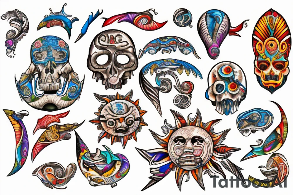 A full colored beach live tattoo with sun down in taino style tattoo idea