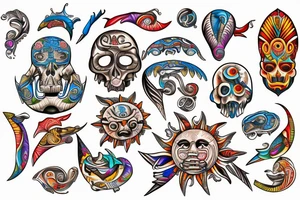 A full colored beach live tattoo with sun down in taino style tattoo idea