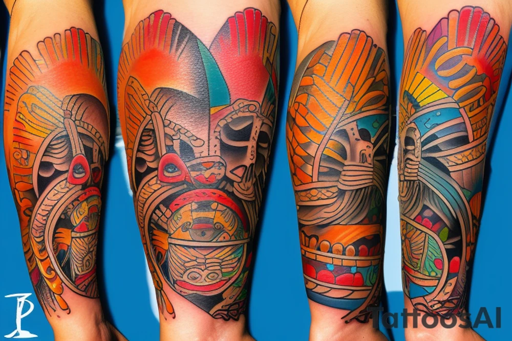 A full colored beach live tattoo with sun down in taino style tattoo idea