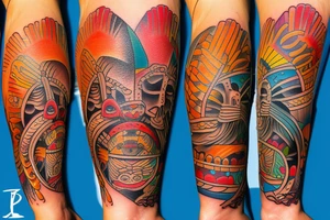 A full colored beach live tattoo with sun down in taino style tattoo idea