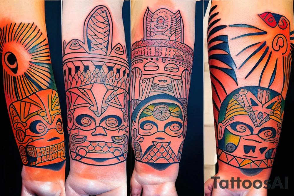 A full colored beach live tattoo with sun down in taino style tattoo idea