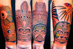 A full colored beach live tattoo with sun down in taino style tattoo idea