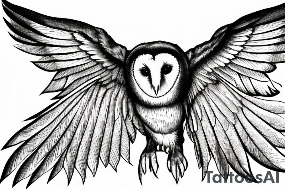 Barn owl with wings spread, with area codes around the wings tattoo idea