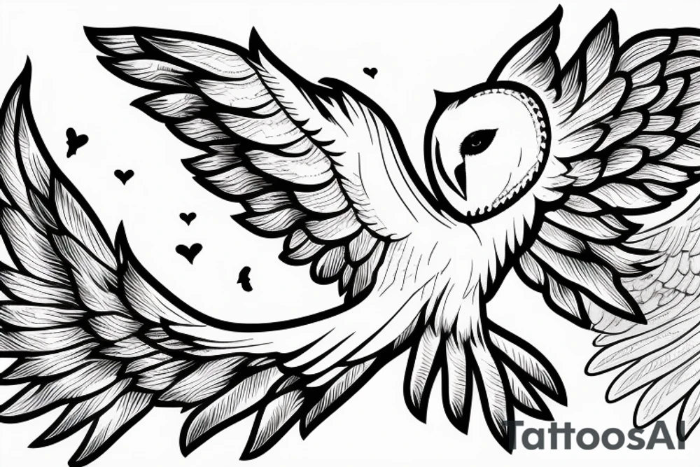 Barn owl with wings spread, with area codes around the wings tattoo idea