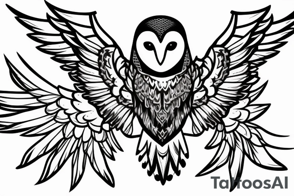 Barn owl with wings spread and 614 on the wings tattoo idea