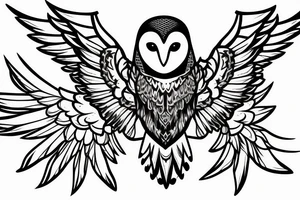 Barn owl with wings spread and 614 on the wings tattoo idea