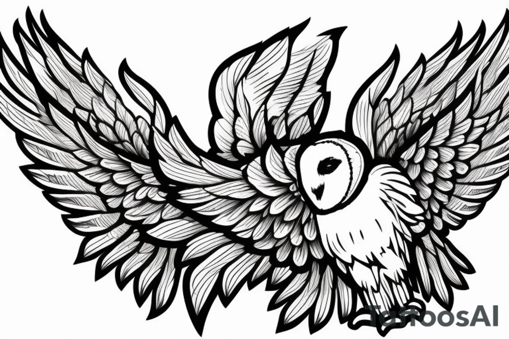 Barn owl with wings spread and 614 on the wings tattoo idea